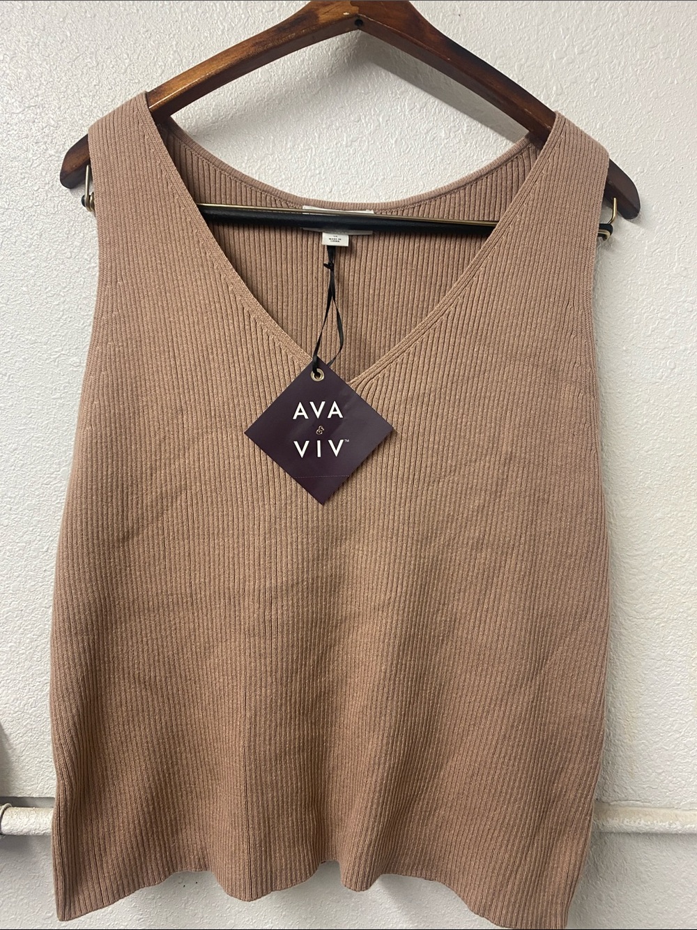 Ava & Viv Ribbed V-Neck Tank in Taupe Brown